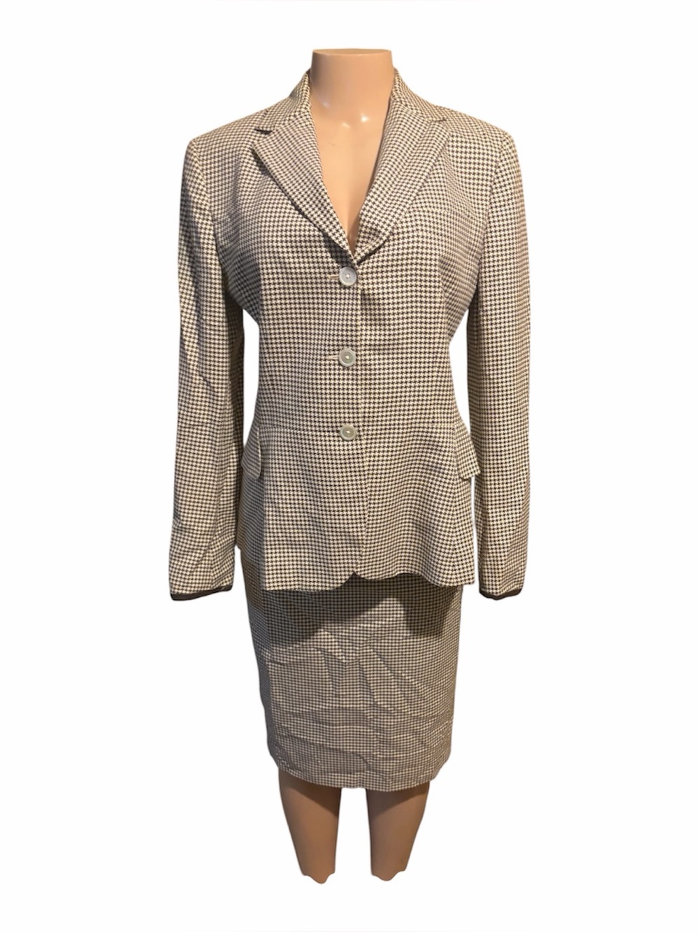Paul Stuart Beige and Black Houndstooth Blazer and Skirt Set